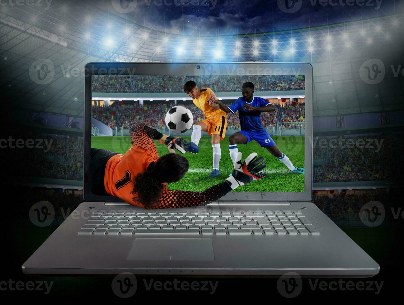 Live streaming of a soccer player match on a laptop photo