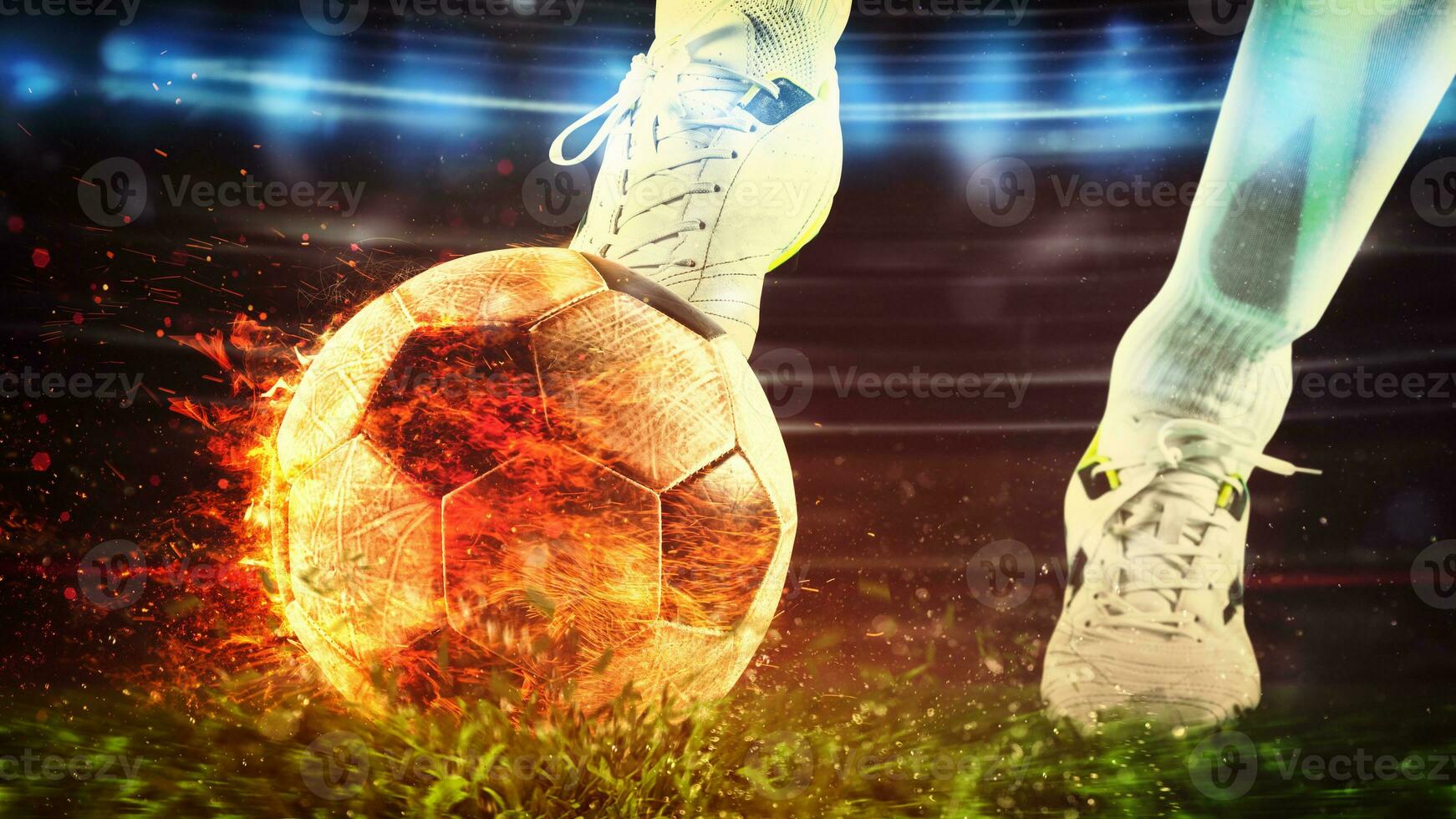 Close up of a soccer scene with player kicking a fiery ball with power photo
