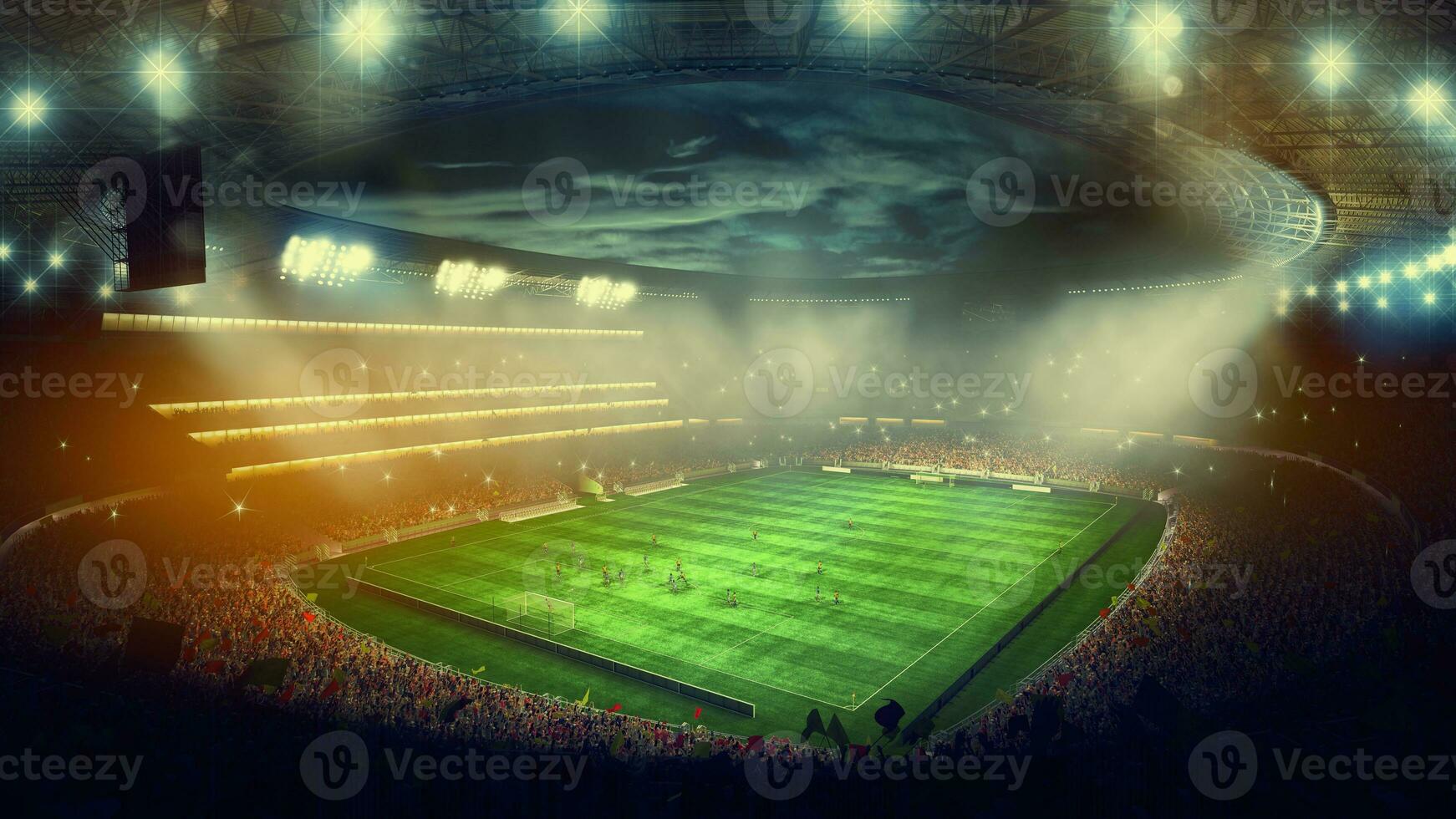 Top view of a football stadium with the stands full of fans looking at the game. 3D Rendering photo