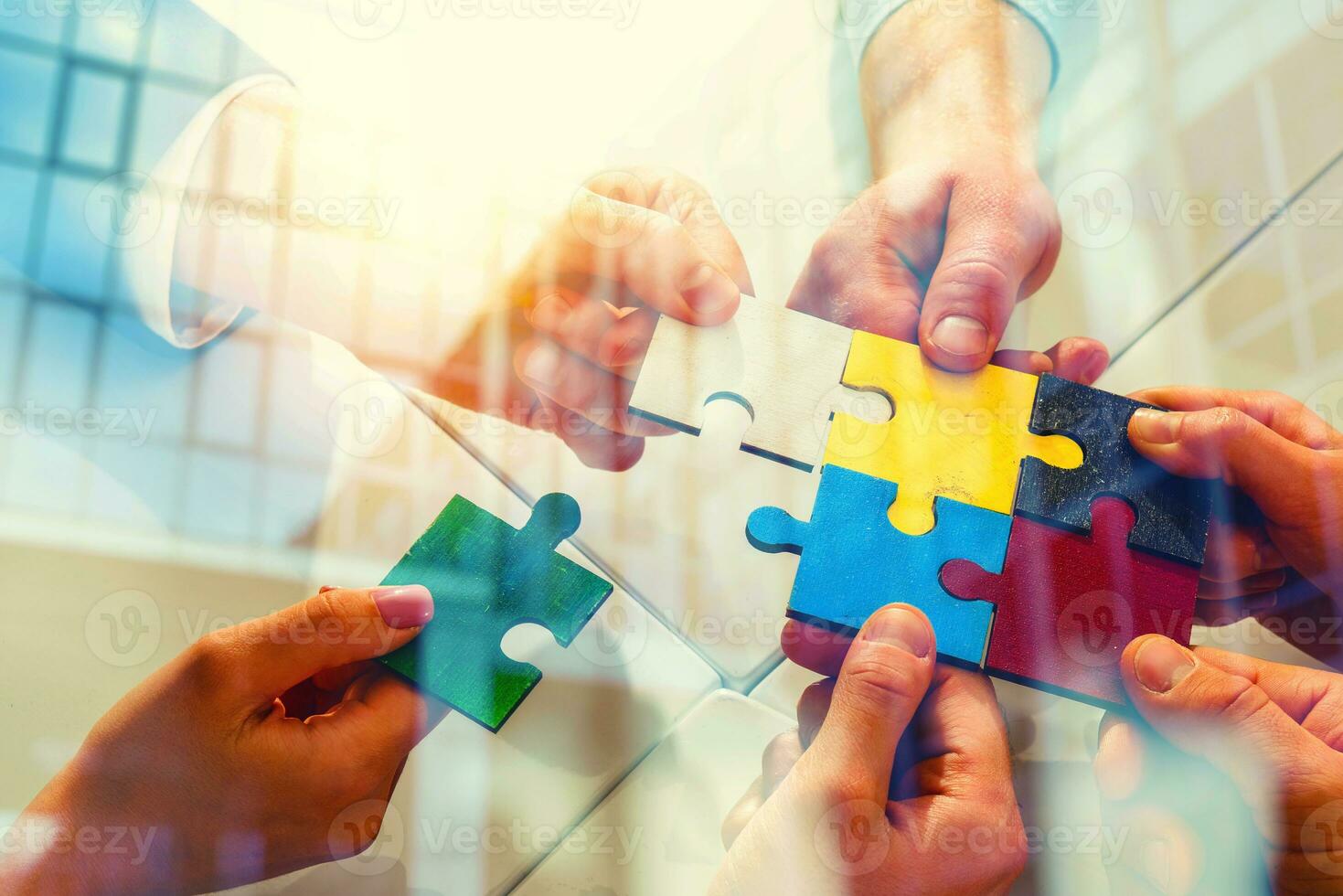 Team working background with puzzles. Double exposure effects photo