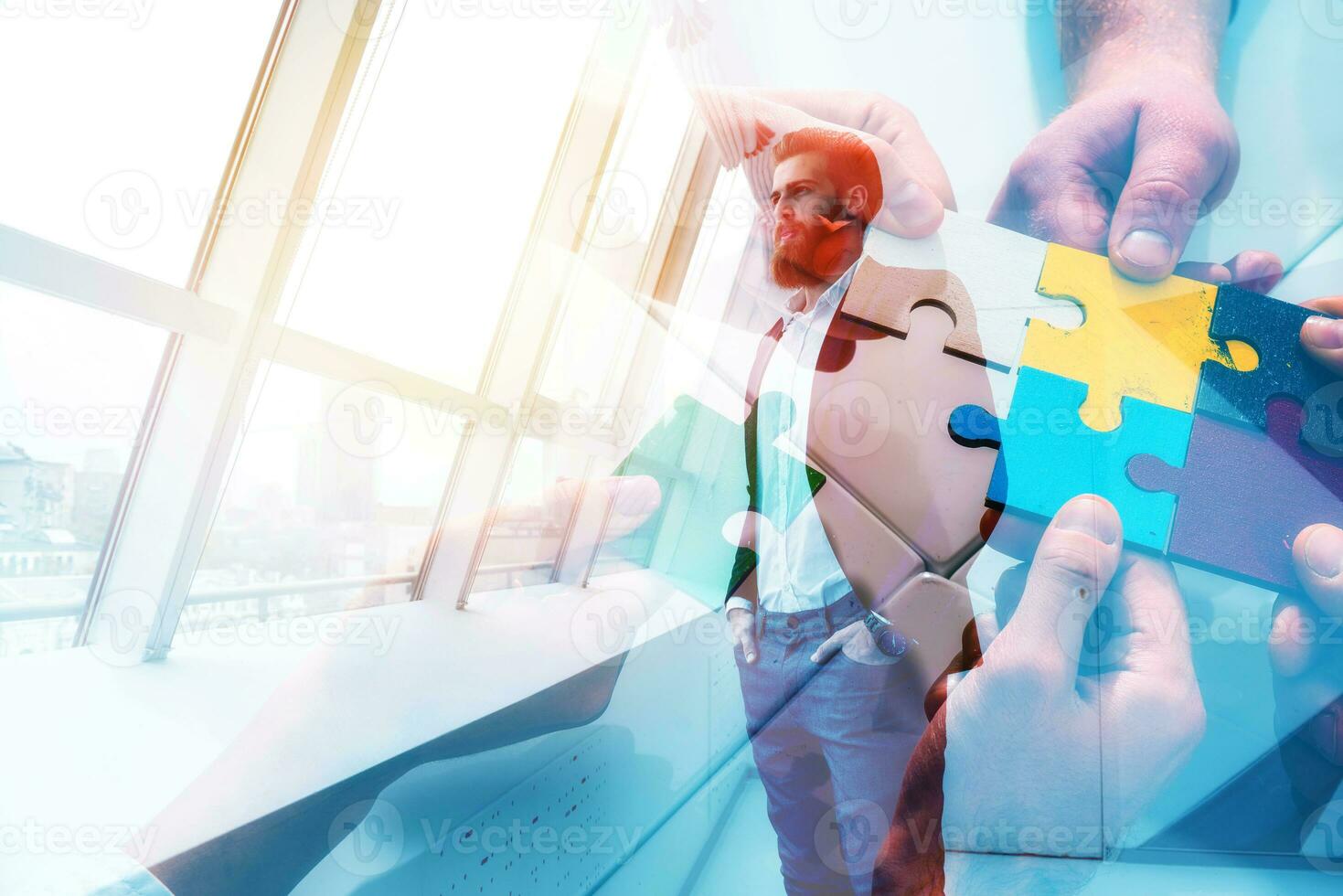 Thoughtful hipster businessman in the office. Double exposure effects photo