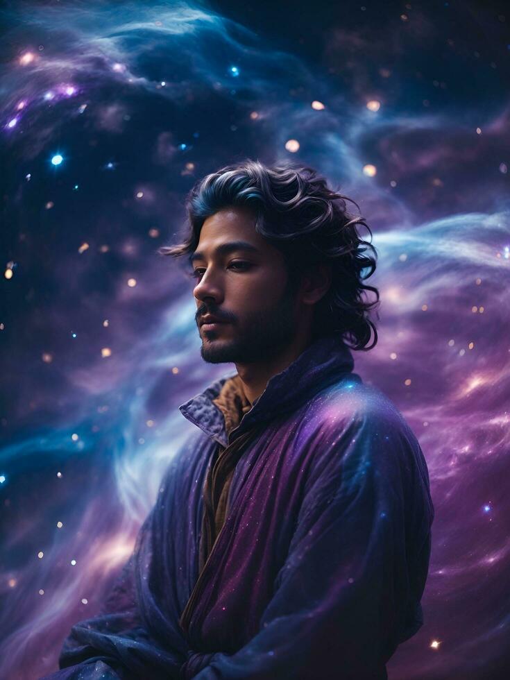 portrait of a person with a galaxy background, AI generated photo