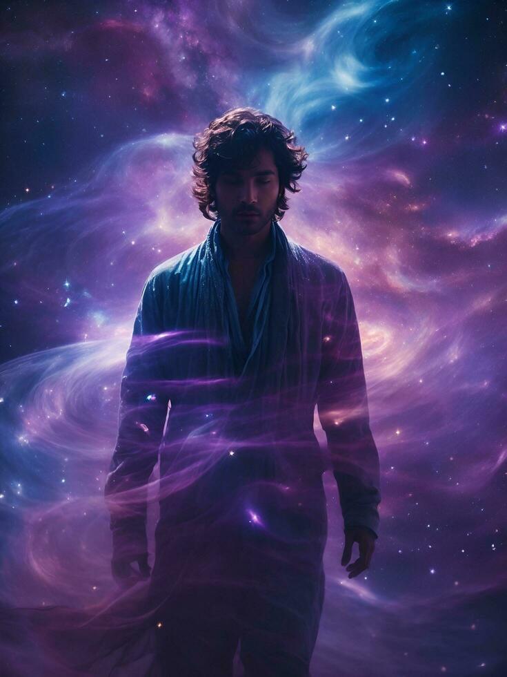 portrait of a person with a galaxy background, AI generated photo