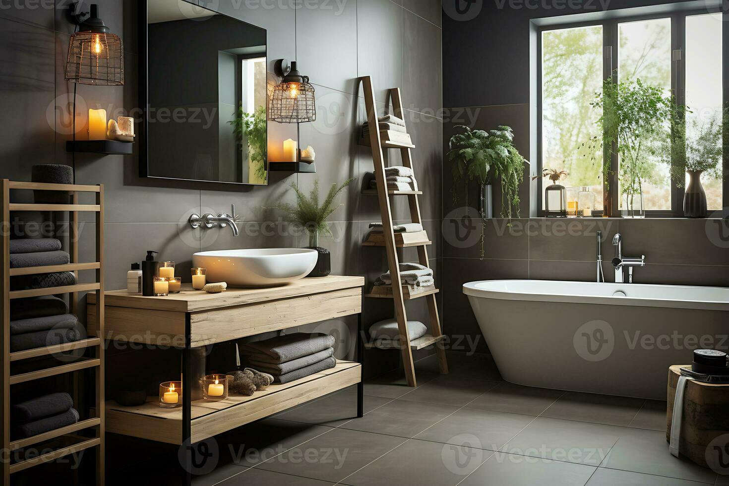 The design of the bathroom is made in the Scandinavian style. There are a lot of candles in the room, jars of cosmetics, daylight from the window. AI Generative photo