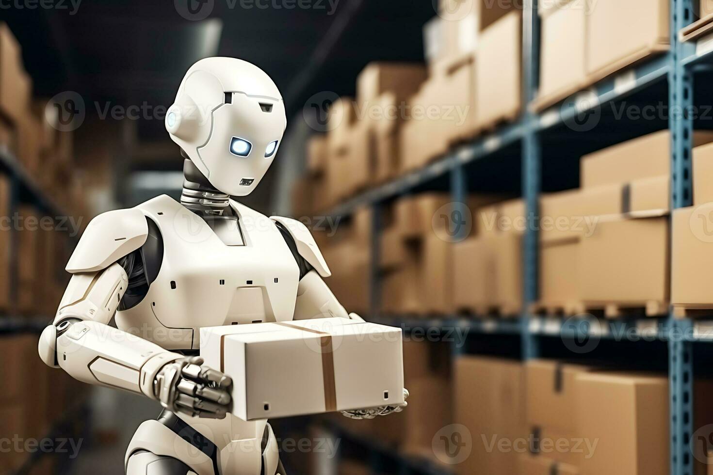 Humanoid robot arranges boxes in a warehouse. AI Generative photo