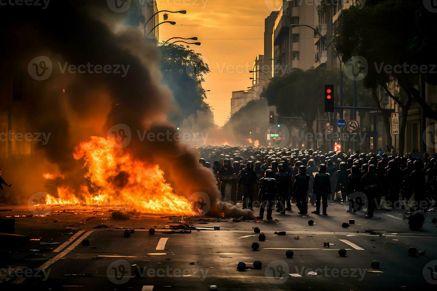 AI generative. Protest in the city center accompanied by fires and destruction photo