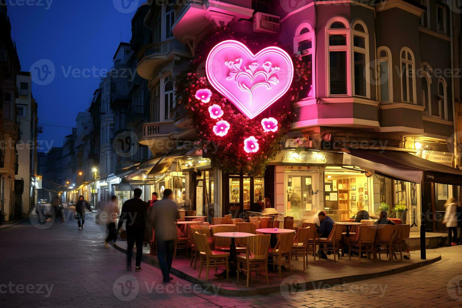 AI Generative. Cafe in the center of the evening city with a neon sign in the shape of a heart. Horizontal photo