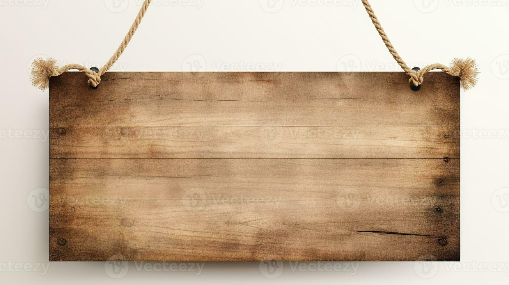 Wooden Sign Hanging with Ropes Isolated on the White Background photo