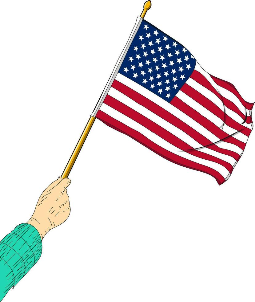 Hand holding American flag illustration on white background, hand, USA flag vector
