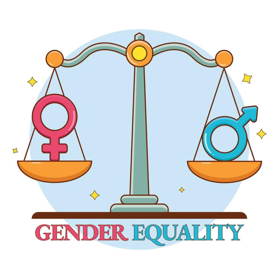 Gender equality vector illustration. Male and female symbols on scales. Gender equality concept.