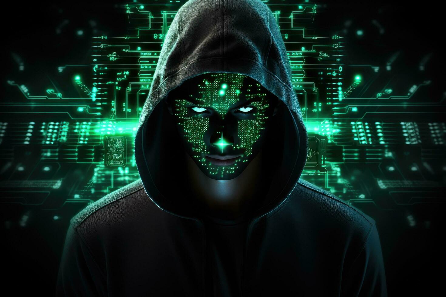 Hacker with mask and binary code on dark background 3D rendering, Hacker in hood and circuit board on Black background. Cyber attack concept, AI Generated photo