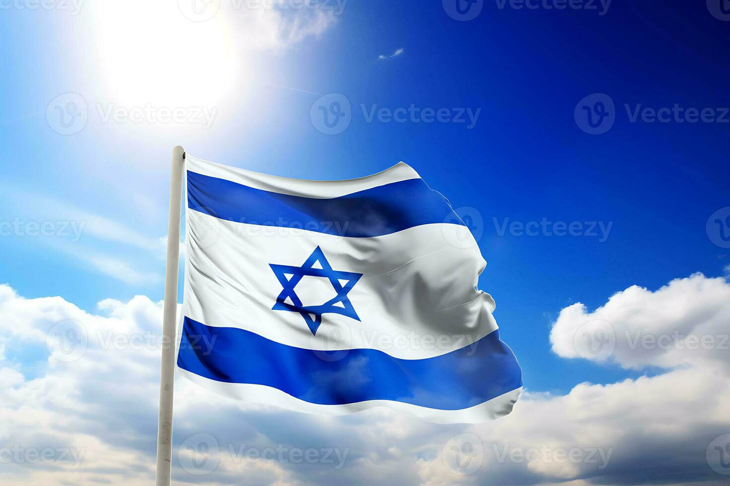AI generative. Israel flag against blue sky with clouds photo