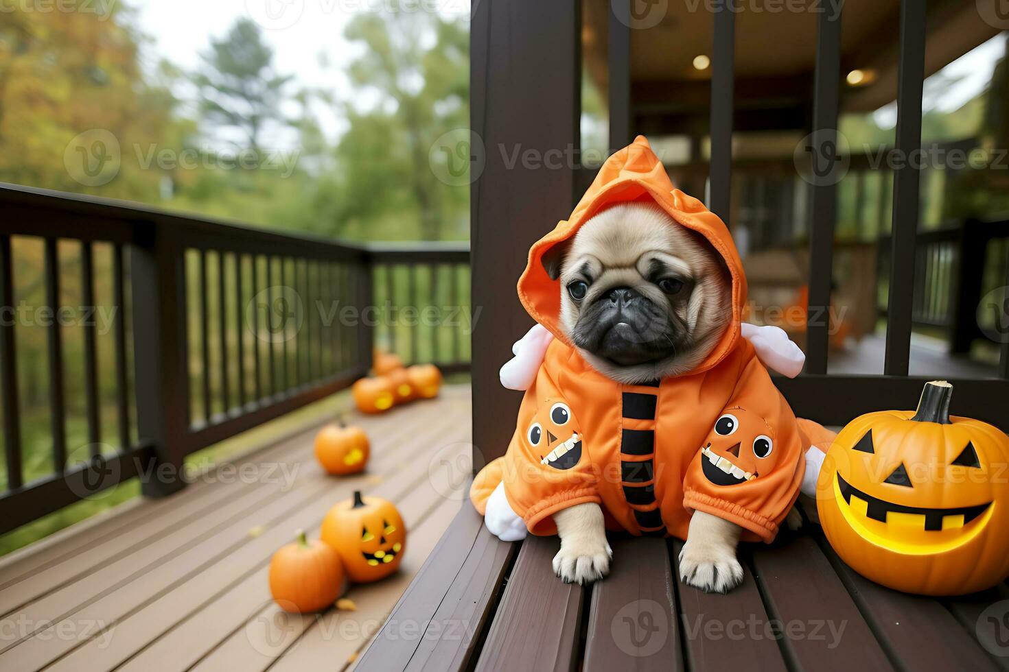 A puppy in an orange cape sits on a wooden porch of a house next to a pumpkins. Halloween celebration concept.  AI Generative photo