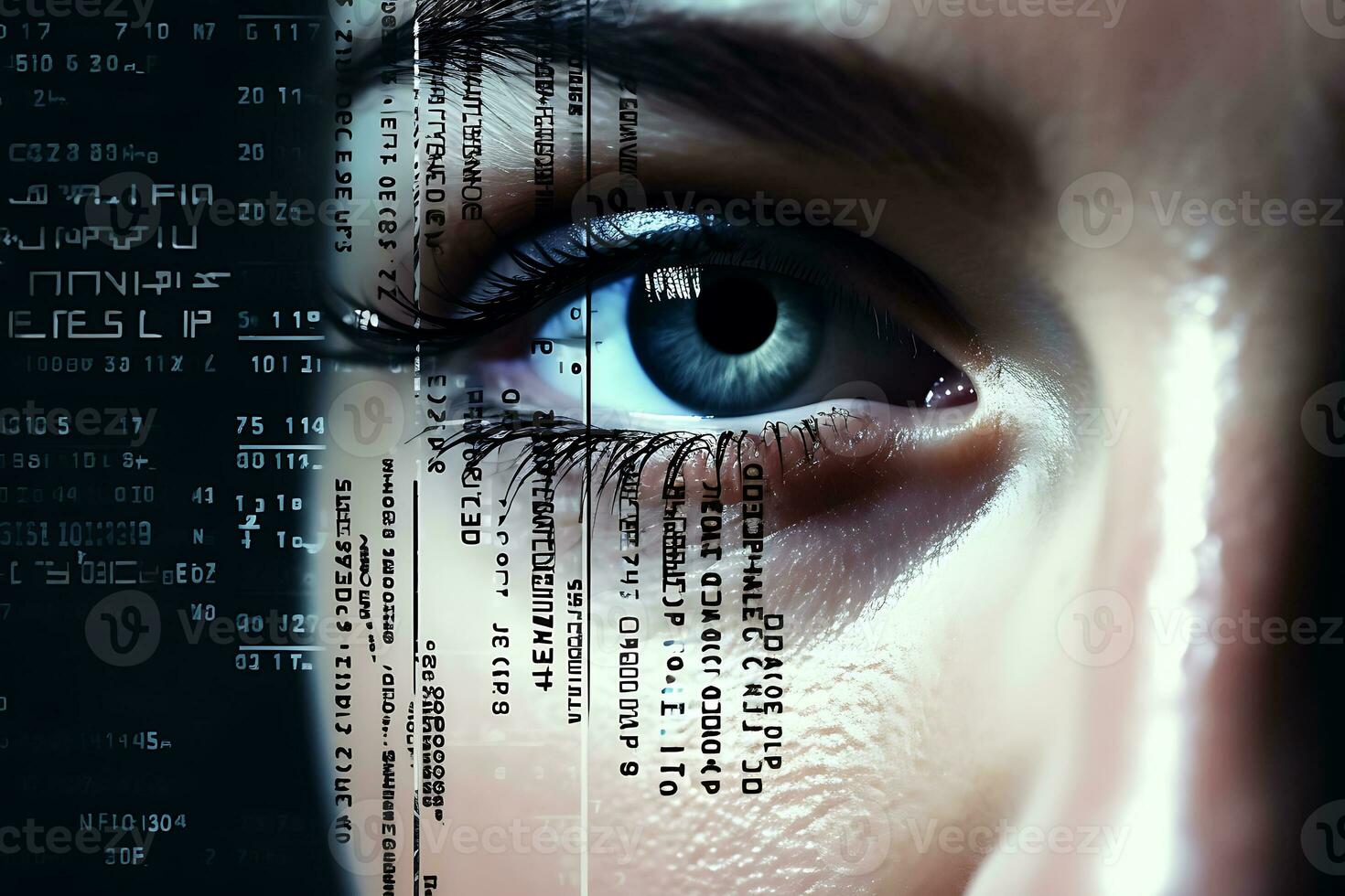 Digital data and female eye. The concept of digital information absorption. AI Generative photo