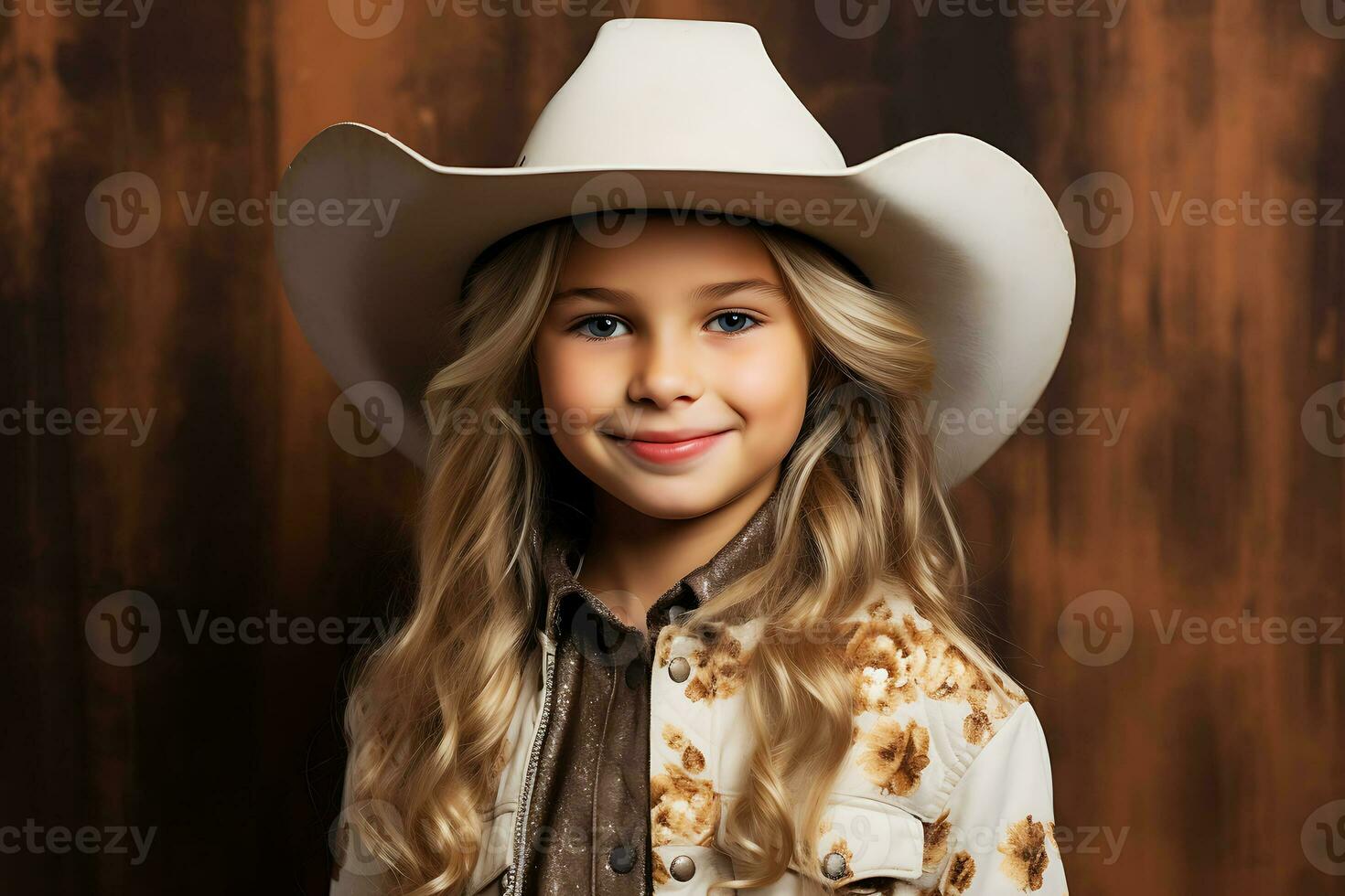 AI Generative. Cowgirl child in a white cowboy hat posing on a brown background, smiling and looking at the camera. Horizontal photo