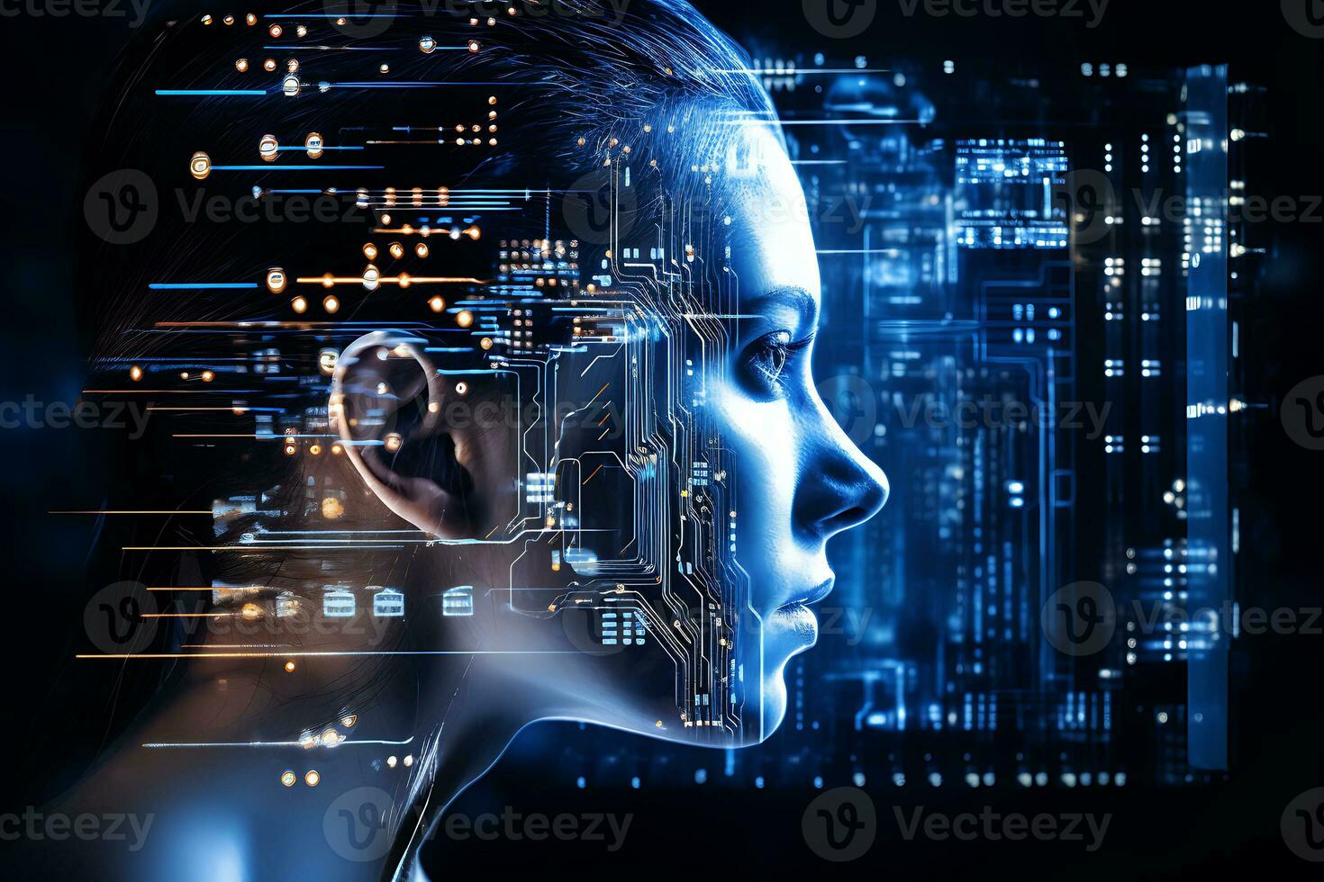 The female cybernetic face of chips and neural connections . the concept of artificial intelligence and big data. AI Generative photo