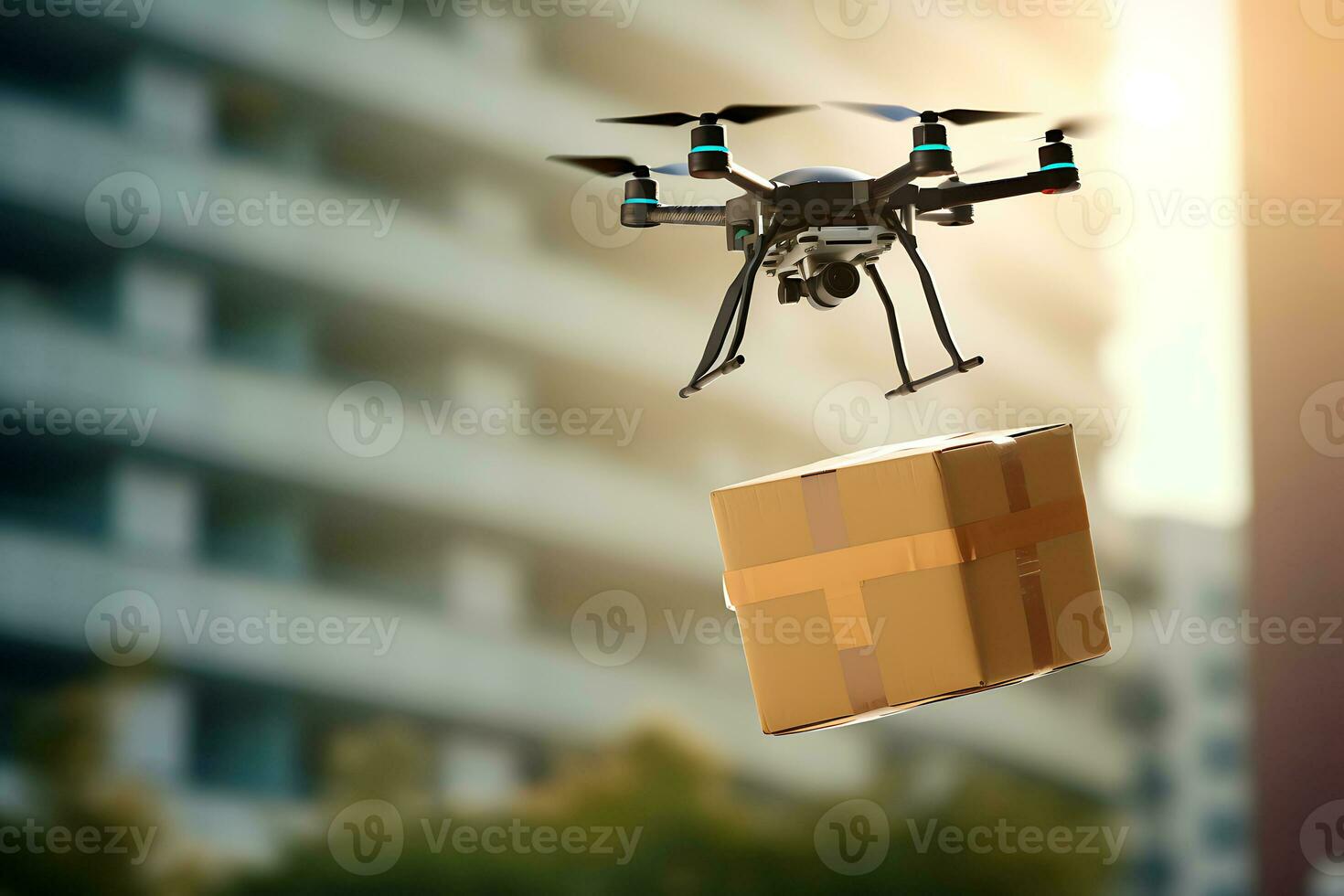 AI generative. A drone flies along a city street and delivers an order in a cardboard box photo