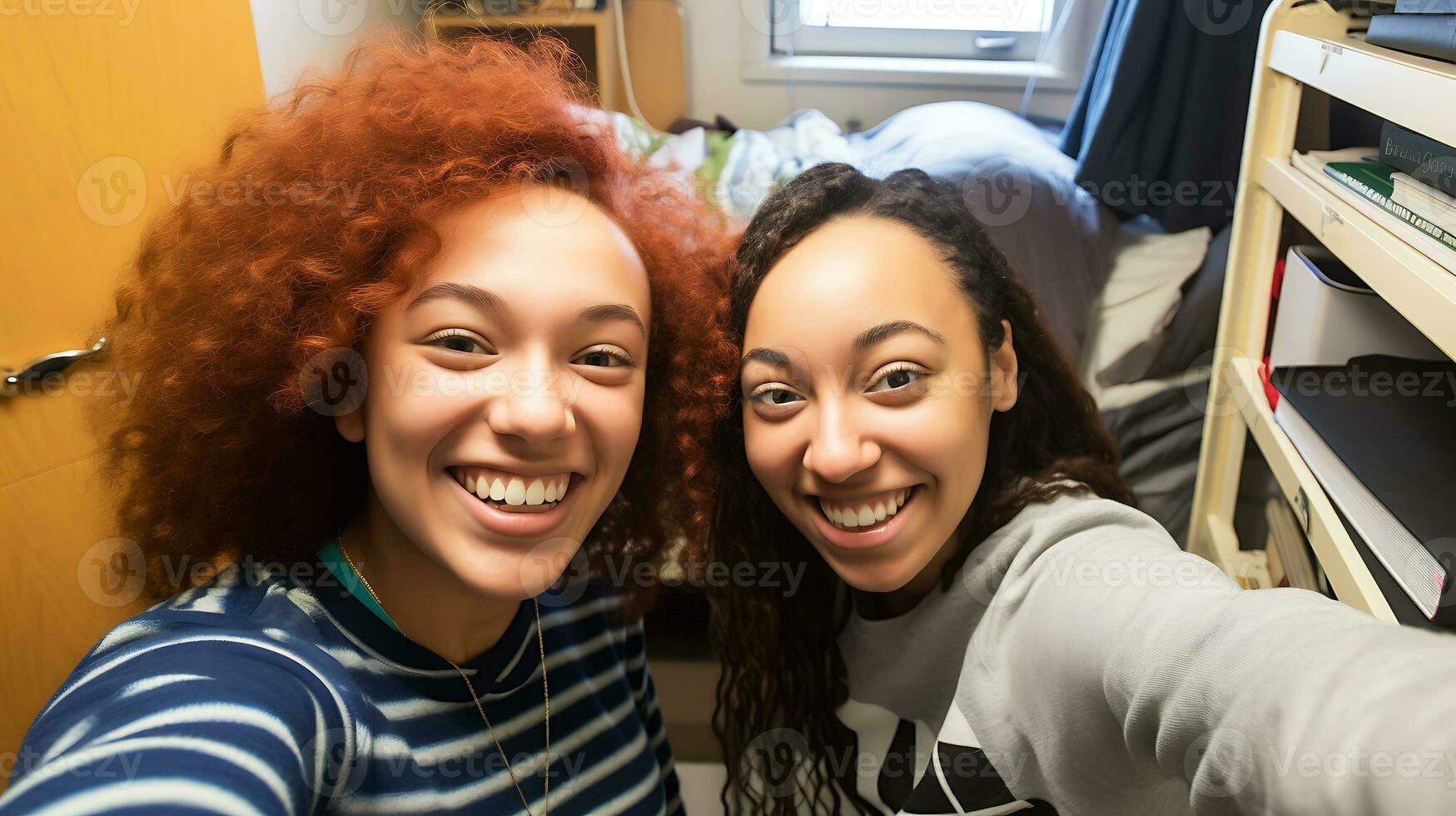 dos estudiante muchachas tomar un selfie en un estudiante residencia universitaria habitación. muchachas sonriente y mirando a el cámara. ai generativo foto