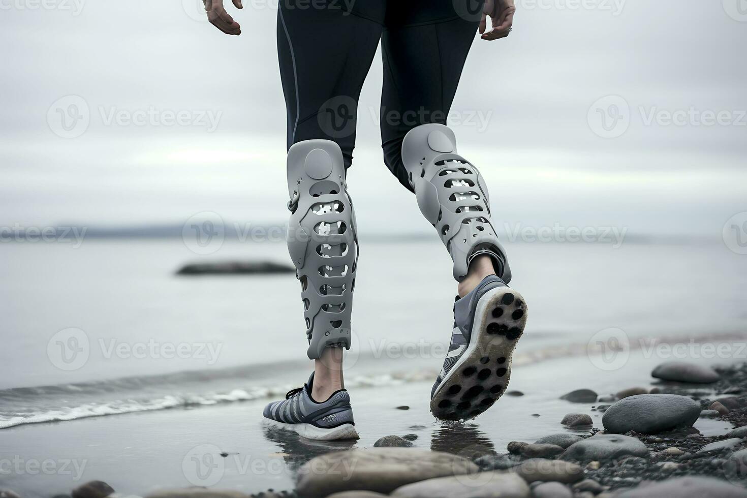 Prostheses on the legs of a young disabled woman. Woman posing against the backdrop of the sea in cloudy weather. Legs close up. AI Generative photo