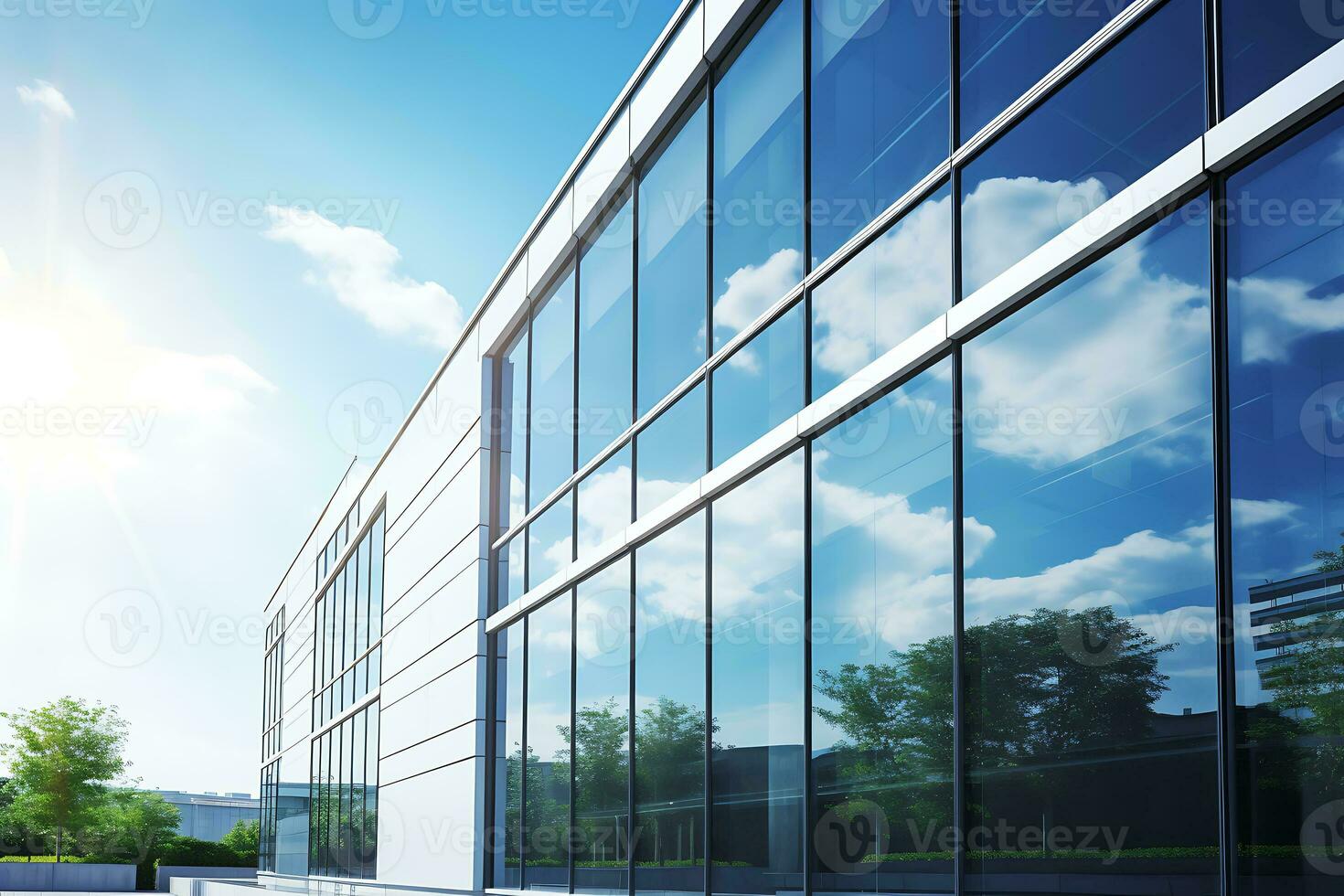 Building facade with solar windows or transparent solar panels as windows. AI Generative photo