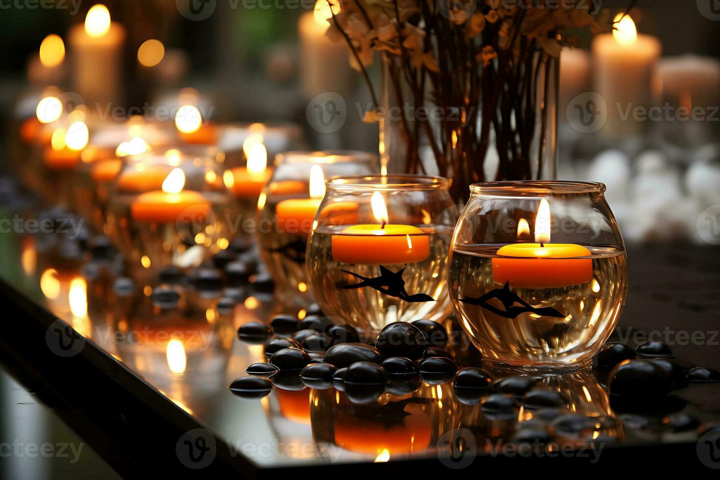 AI Generative. Many burning floating candles stand on the table in the dark as decor. Horizontal photo