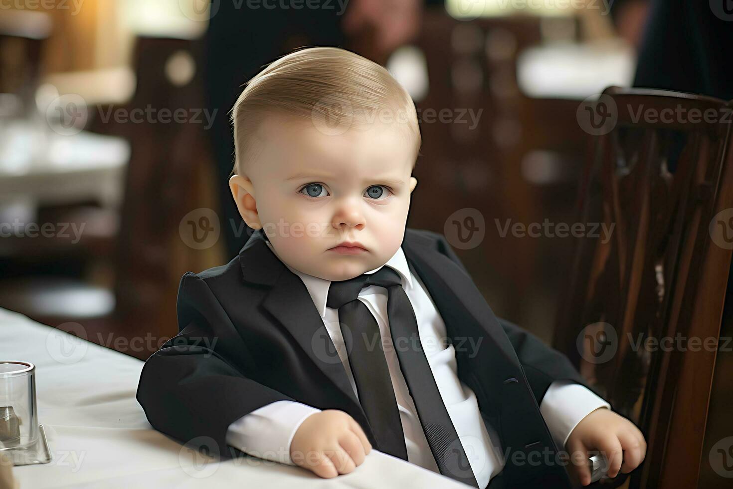 Cute serious toddler boy dressed as a business man sitting at the table. AI Generative photo