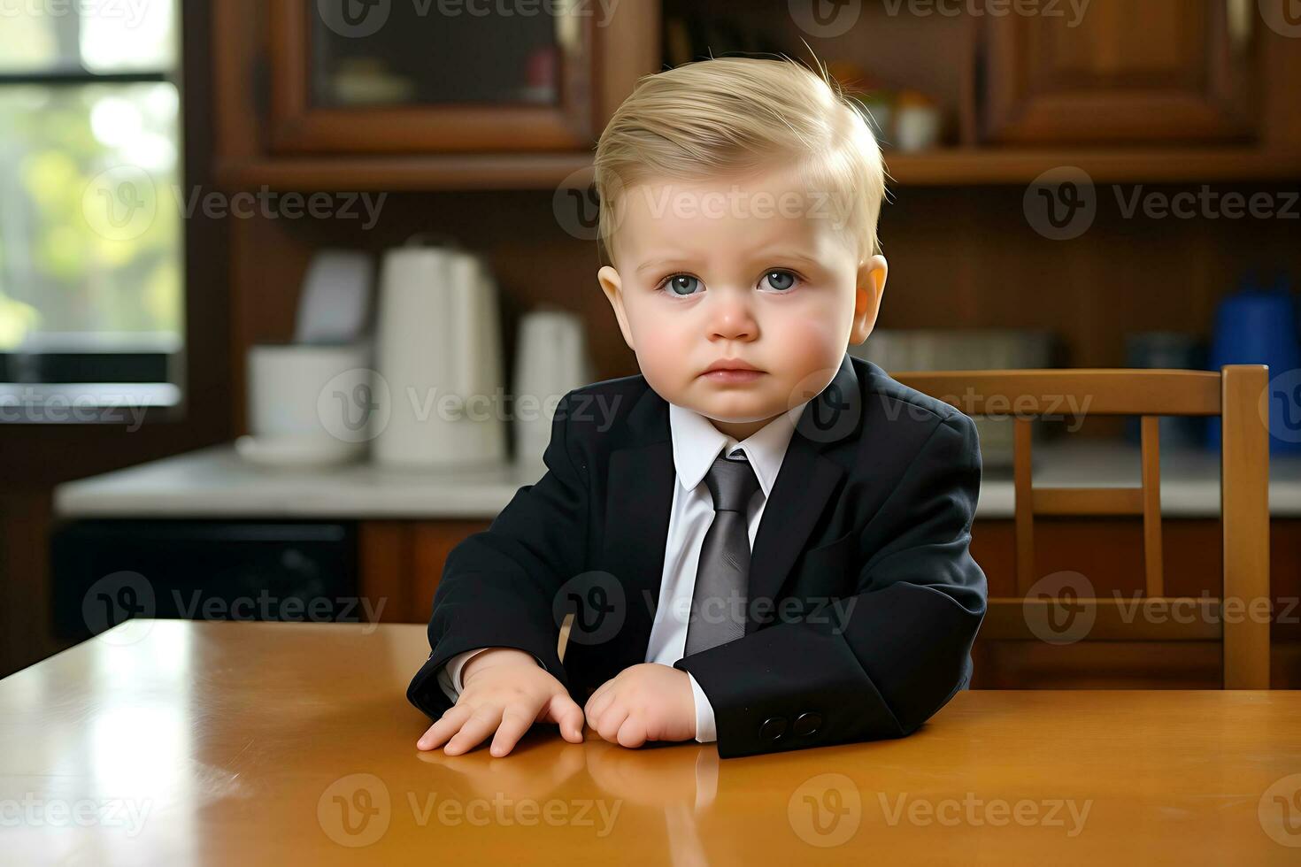 A cute blond child in a business suit is sitting at the table on the kitchen and waiting for breakfast. AI Generative photo