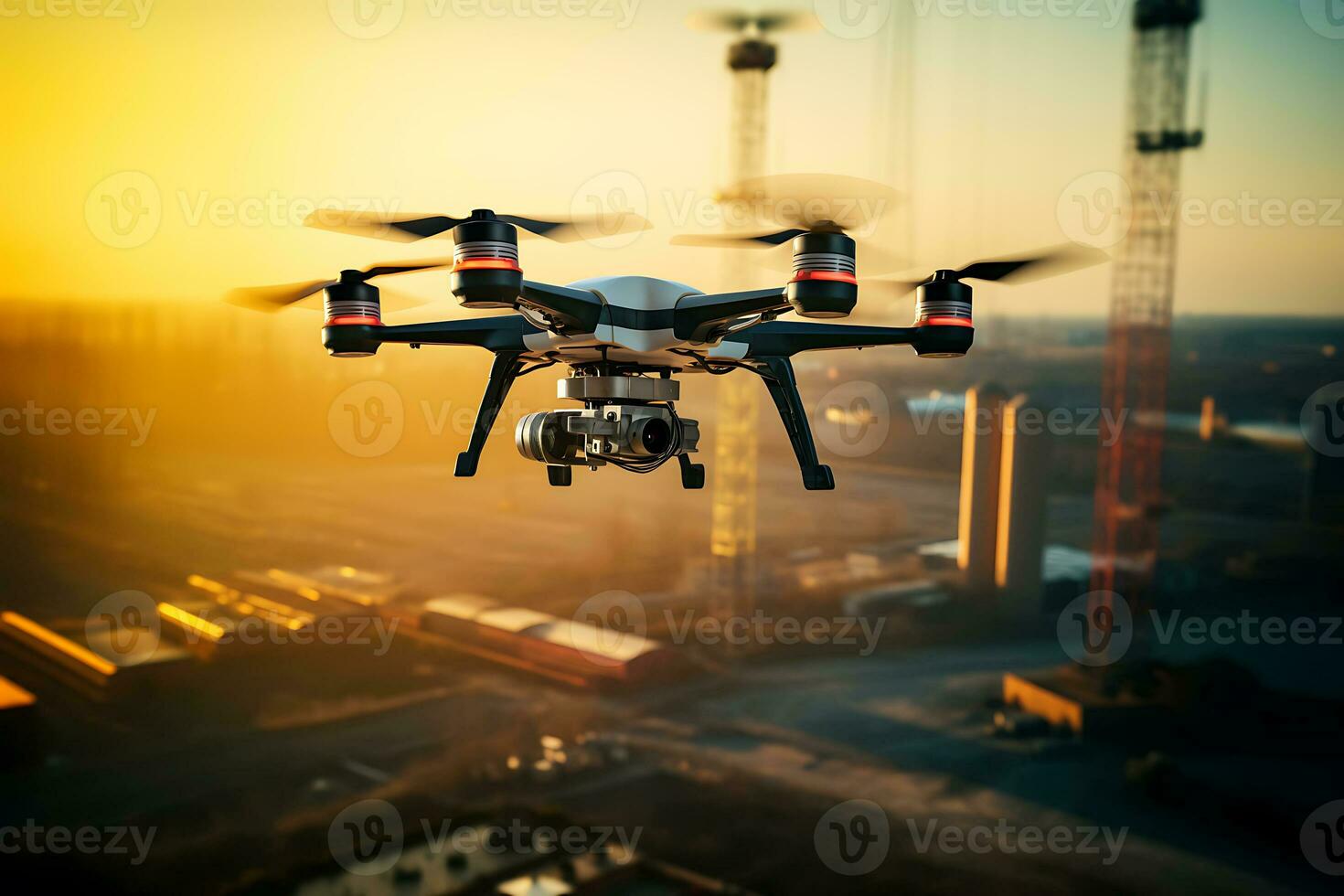 The drone flies around the factory, inspects work and looks for malfunctions. AI Generative photo