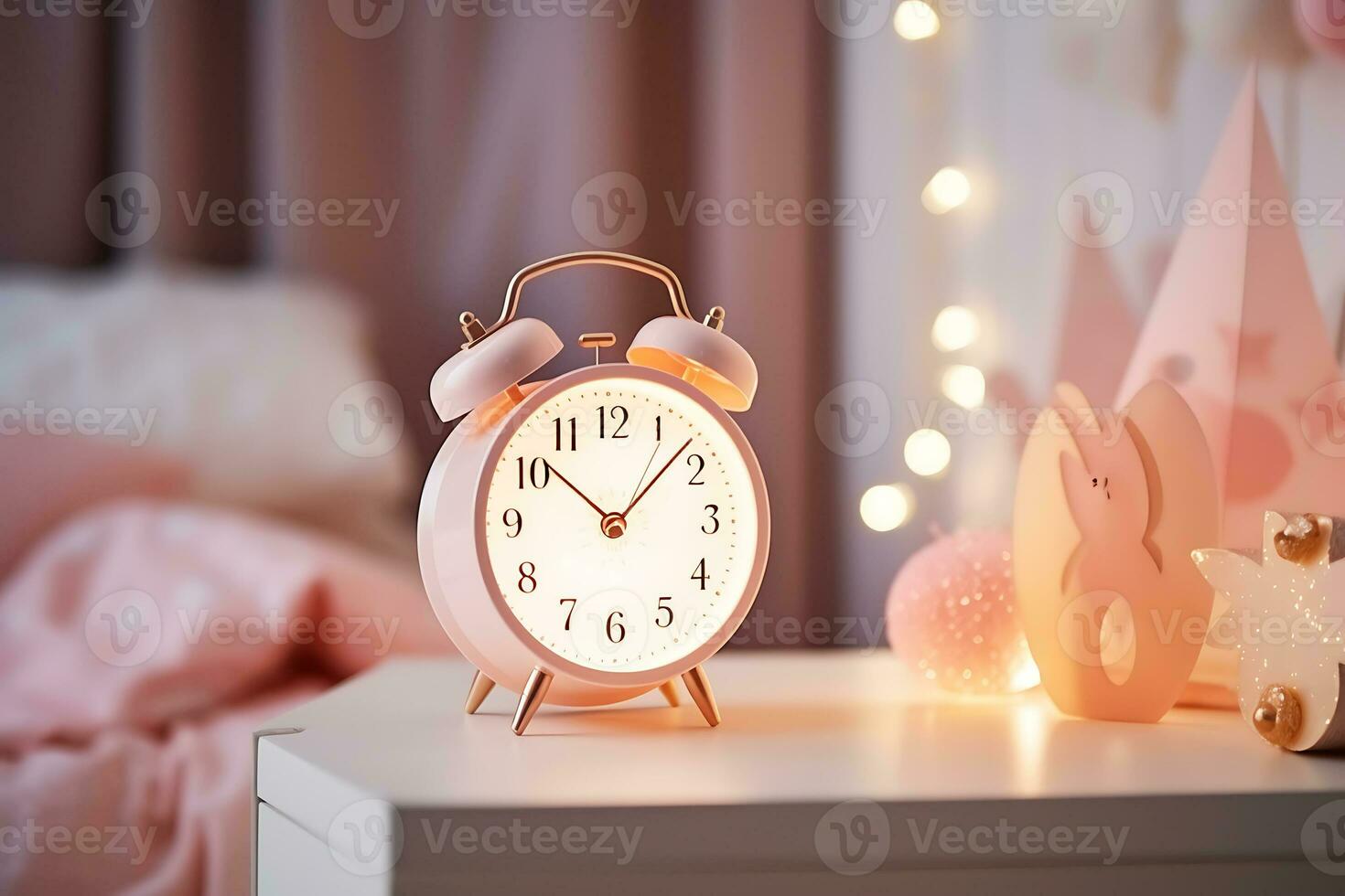 A pink alarm clock stands on a table in a children's room with a pink interior. The concept of children's sleep schedule.  AI Generative photo