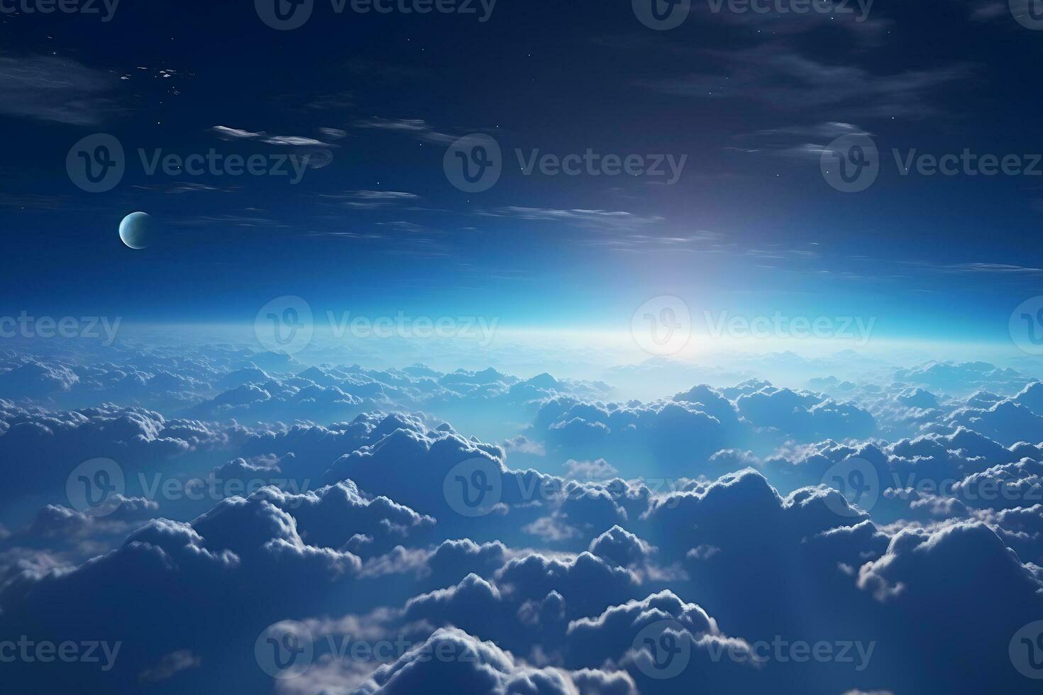 View above the clouds in the night sky. The horizon line is illuminated by a bright light. AI Generative photo