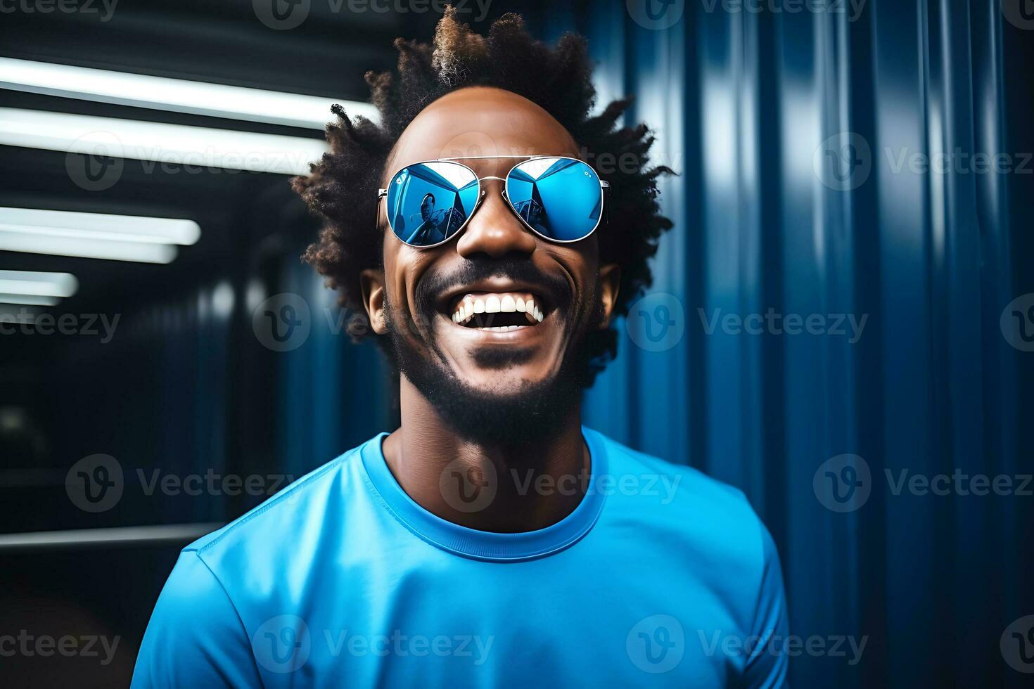 Young African American man in blue longsleeve and blue sunglasses laughing and posing for the camera. AI Generative photo