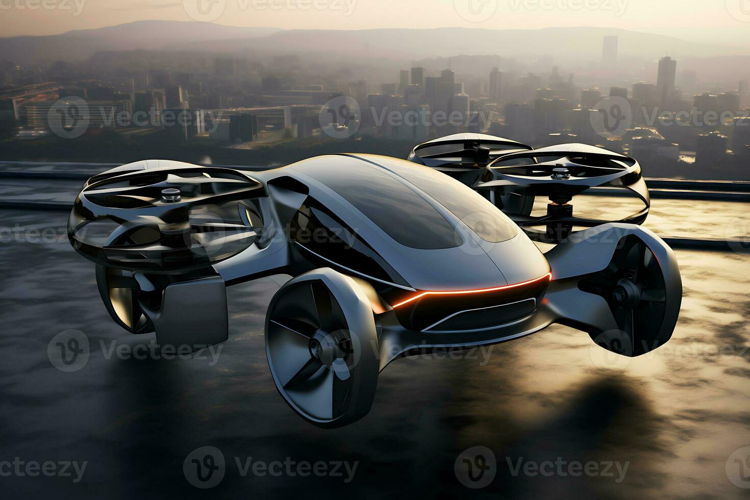 AI generative. Self-driving passenger drone on the runway against the backdrop of the evening city photo