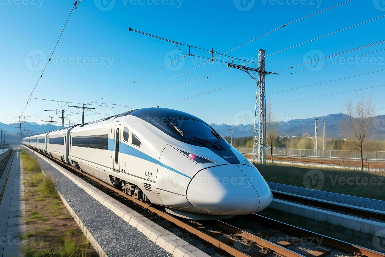 AI Generative. High-speed train on the way. The train arrives or departs from the station. Horizontal photo