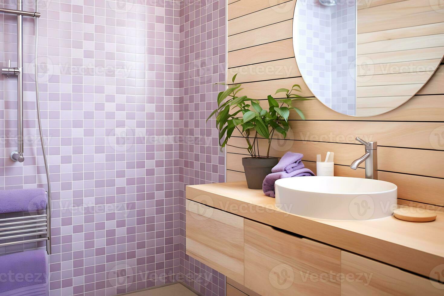 Bathroom design. The bathroom is lined with purple tiles. The room has a wooden cabinet, a mirror and a hanger with towels. AI Generative photo
