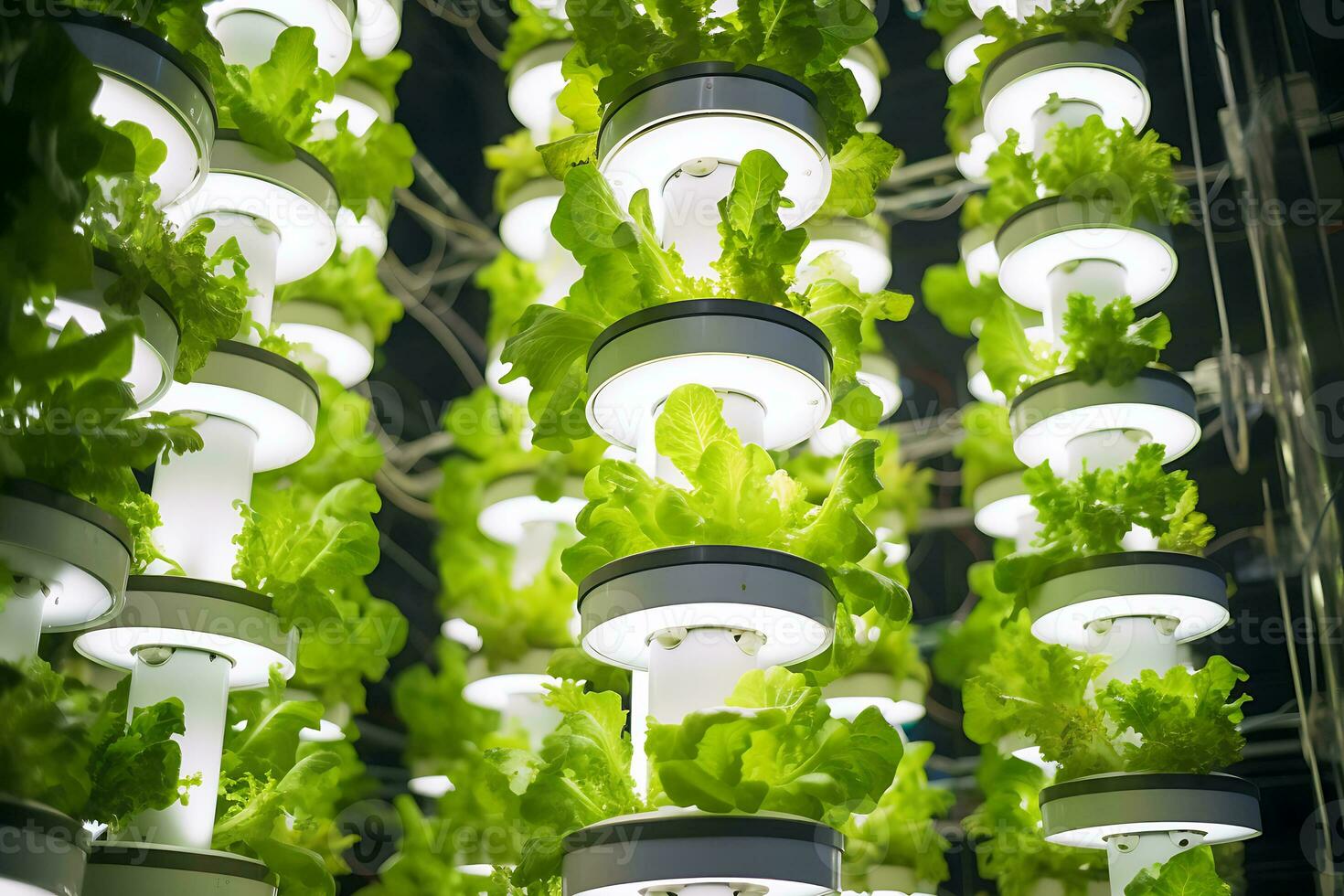 Inside of Greenhouse Hydroponic Vertical Farm Eco system with rows of seedlings of various sorts of garden vegetables growing on shelves ready for harvest. AI Generative photo