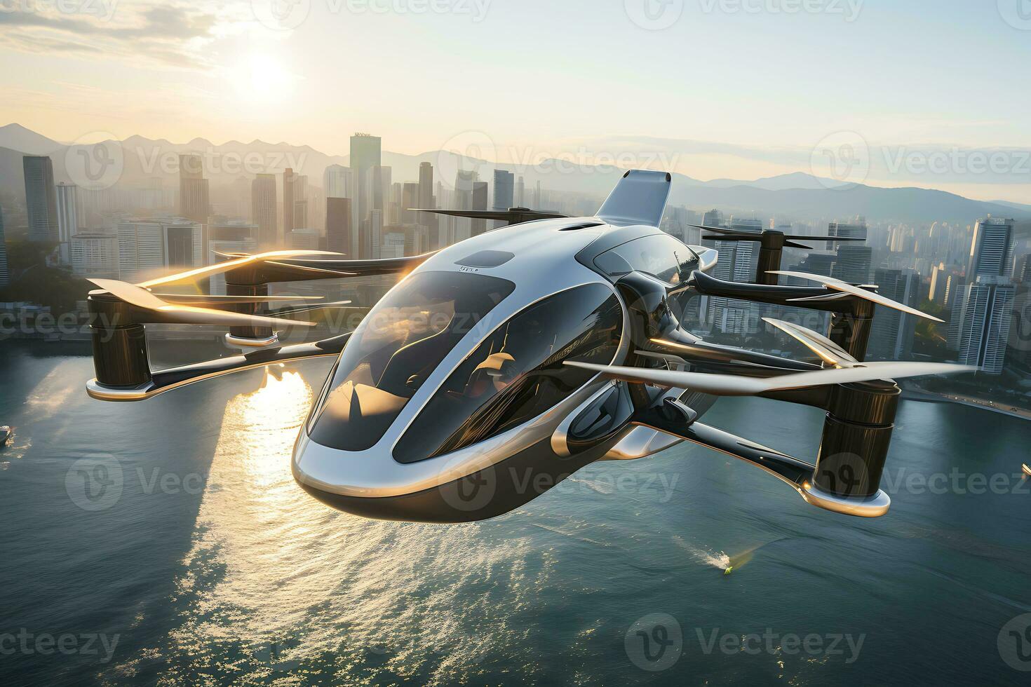 AI generative. City air taxi, Autonomous High-speed drone aircraft, future of air mobility photo
