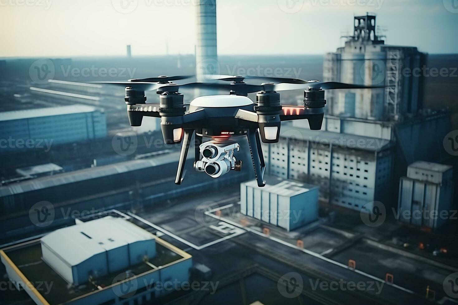 The drone flies around the factory, inspects work and looks for malfunctions.  AI Generative photo