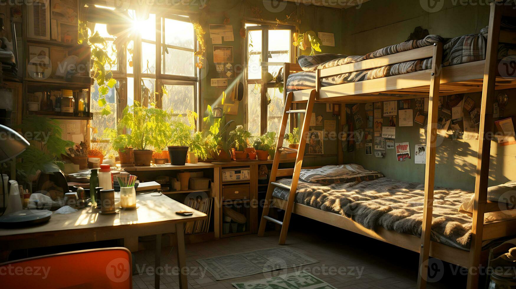 Room for teenagers or students with a bunk bed, a desk and lots of plants. AI Generative photo