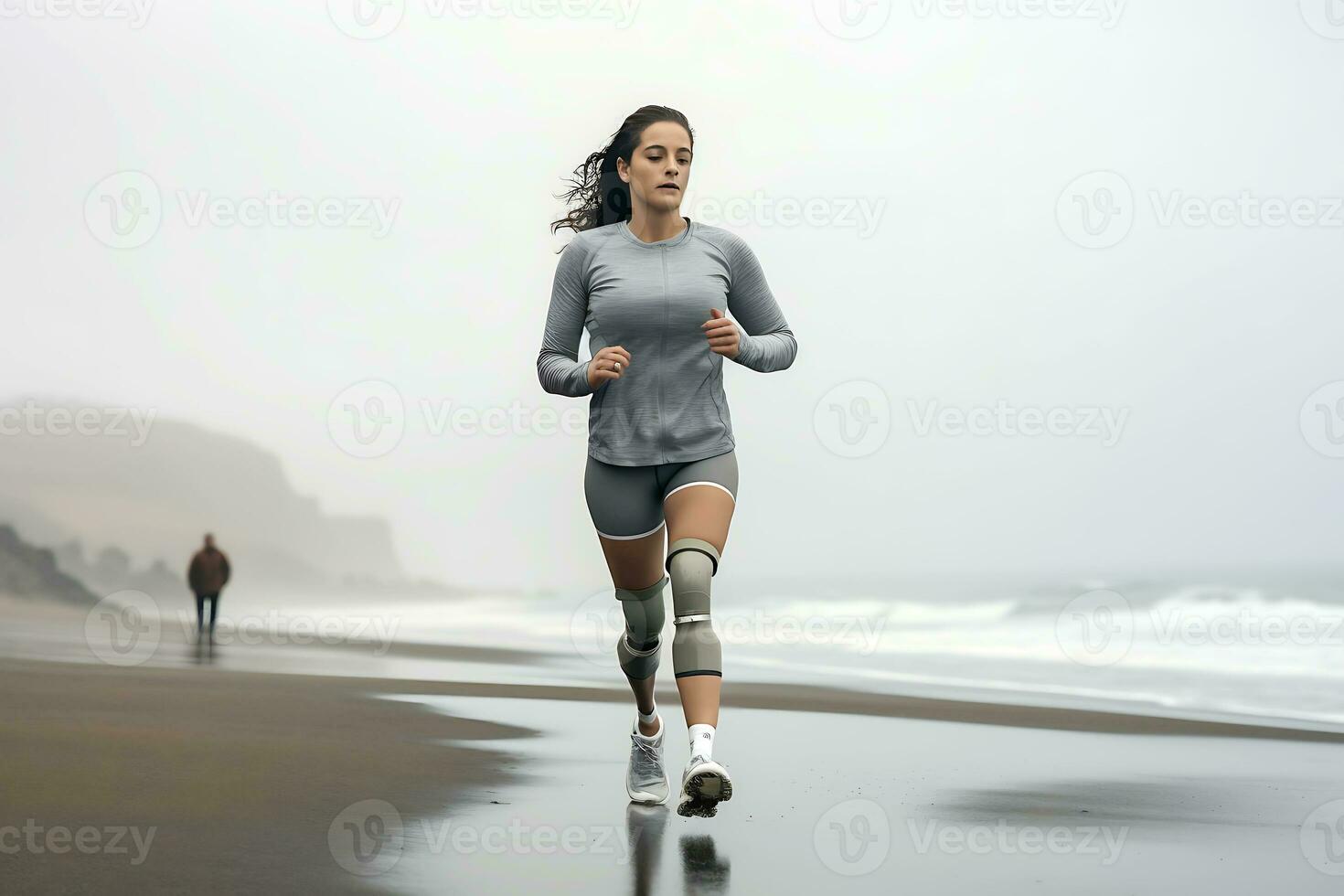 A young disabled woman in a gray tracksuit is jogging along the seashore in cloudy weather. AI Generative photo
