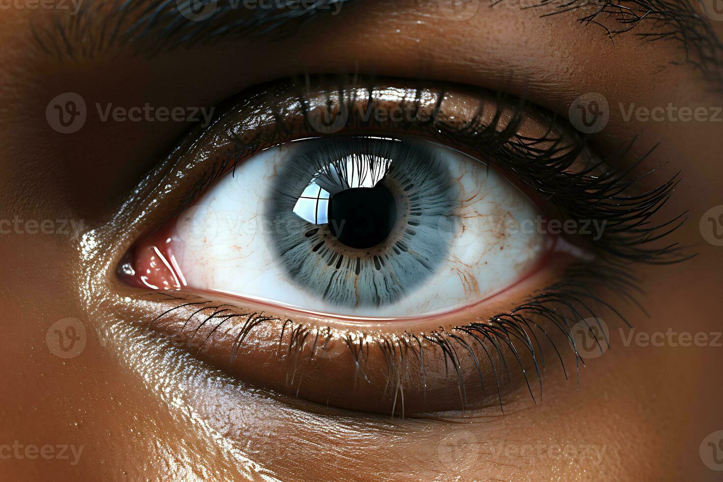 Close-up photo of an African American male's eye after cosmetic keratopigmentation with a femtosecond laser. Brown eyes changed to blue. AI Generative