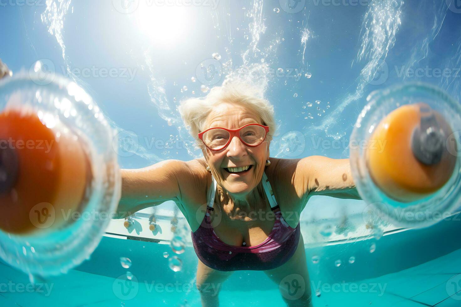 Elderly happy woman with gray hair posing underwater with dumbbells.  AI Generative photo