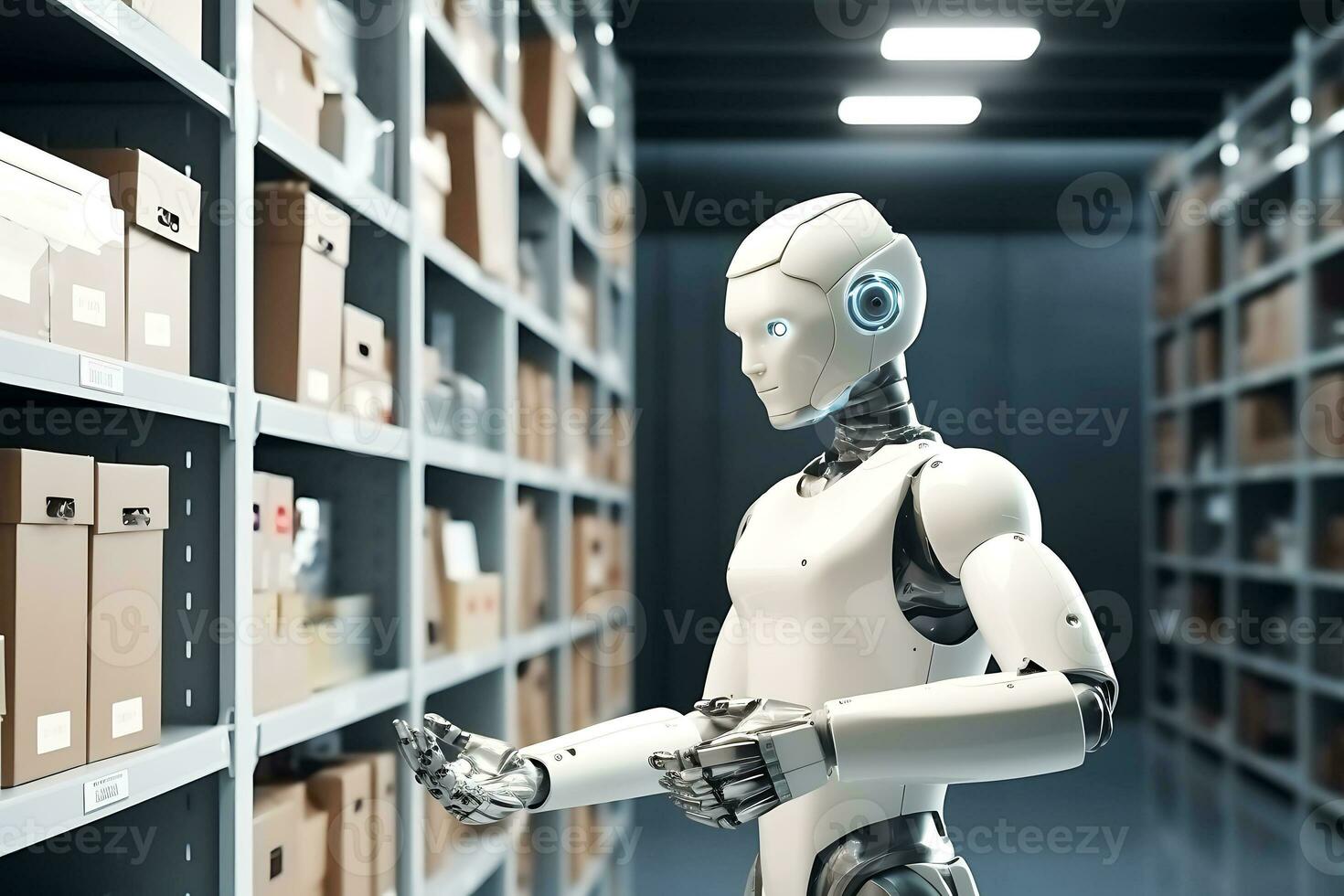Humanoid robot arranges boxes in a warehouse. AI Generative photo