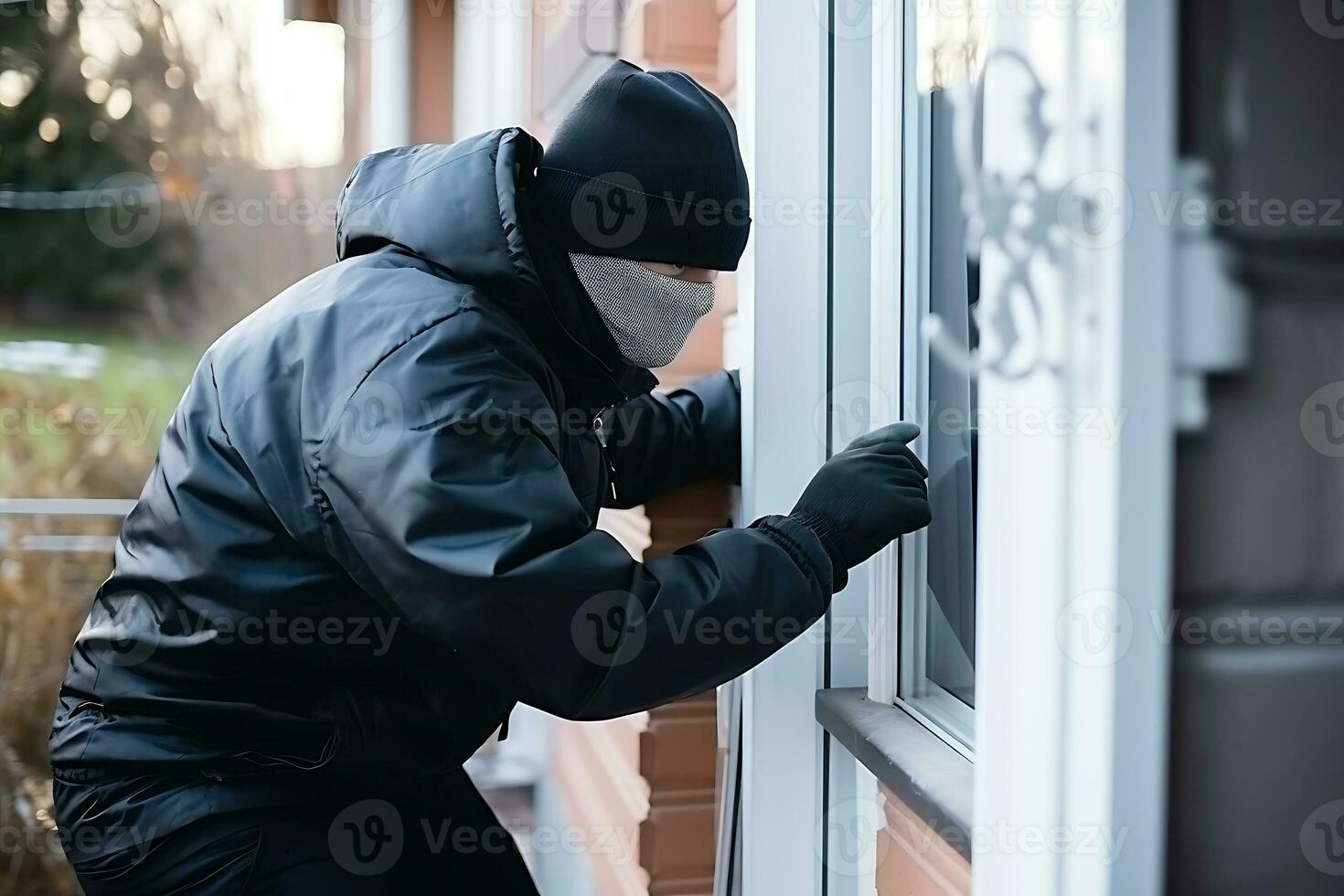 A robber in a black jacket, hat, mask and gloves is trying to open the door to an apartment building. AI Generative photo