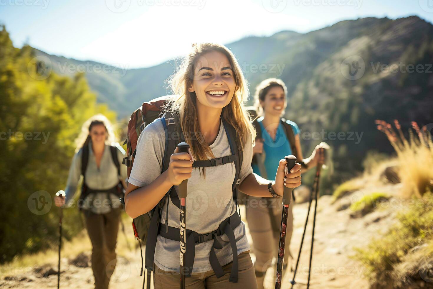 Smiling woman hiker with backpack looking at camera with group of friends hikers rises to the top of the hill. AI Generative photo