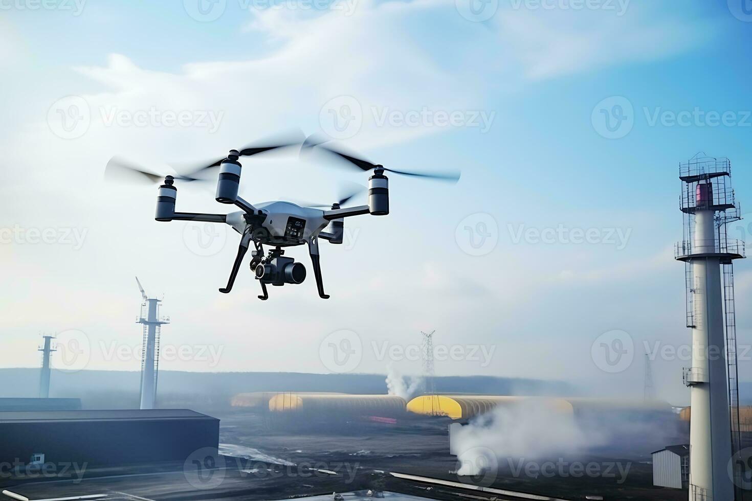 The drone flies around the factory, inspects work and looks for malfunctions. AI Generative photo