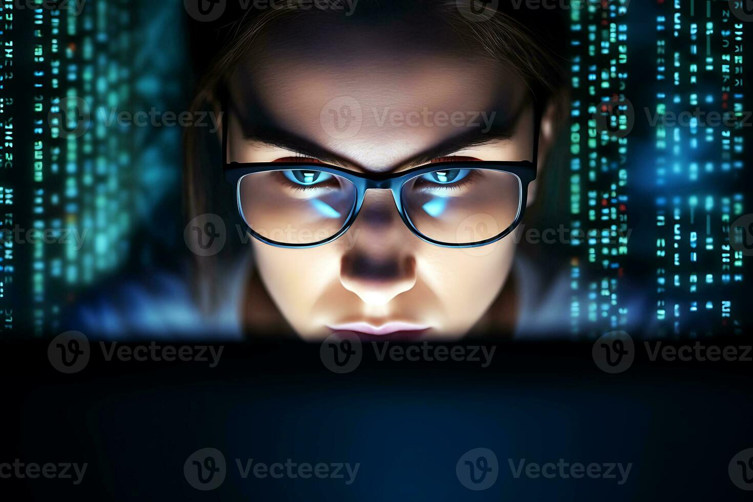 Laptop, code hologram and woman thinking of data analytics, information technology or software overlay at night. Computer and IT people solution with algorithm. AI Generative photo