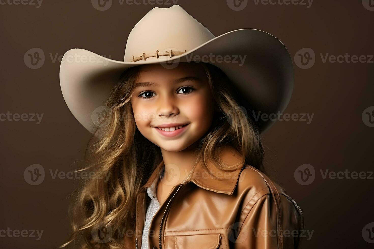 AI Generative. Cowgirl child in a white cowboy hat posing on a brown background, smiling and looking at the camera. Horizontal photo