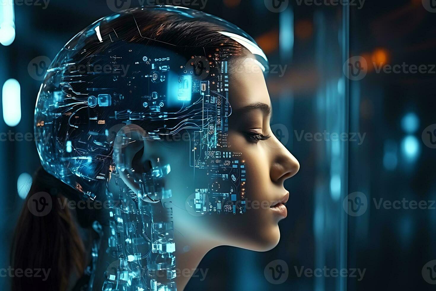 The female cybernetic face of chips and neural connections . the concept of artificial intelligence and big data. AI Generative photo