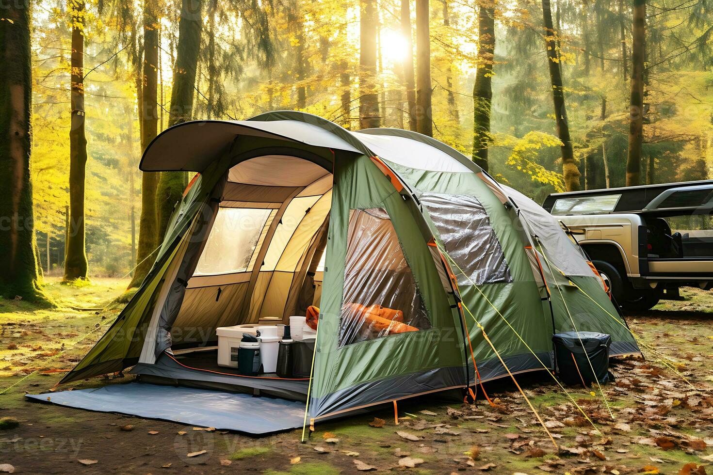 A large tourist tent stands on the middle of the forest in sunny weather. There is a car behind the tent. AI Generative photo