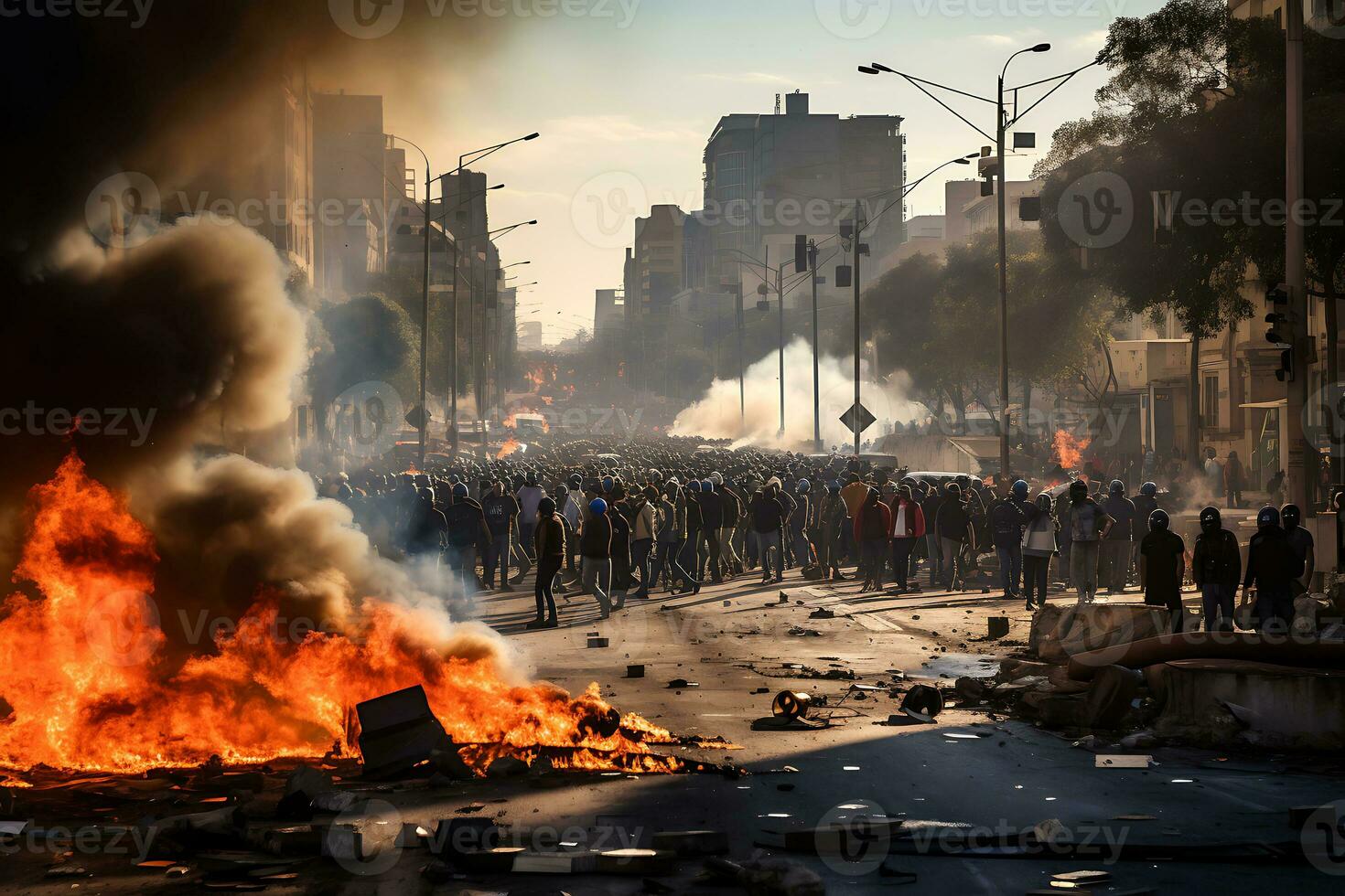 ai generativo. protesta en el ciudad centrar acompañado por incendios y destrucción foto